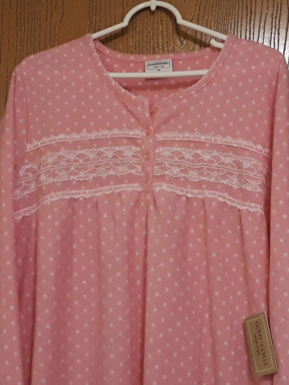 Nightgown XL Pink White Polka Dot Fleece Long Sleeve Lace Trim NWT Gold Coast - Picture 2 of 7